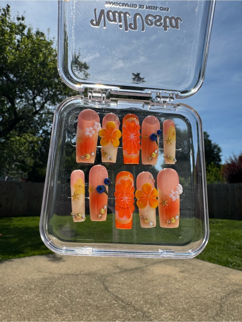 Handmade Orange Ombre Floral Press-On Nails